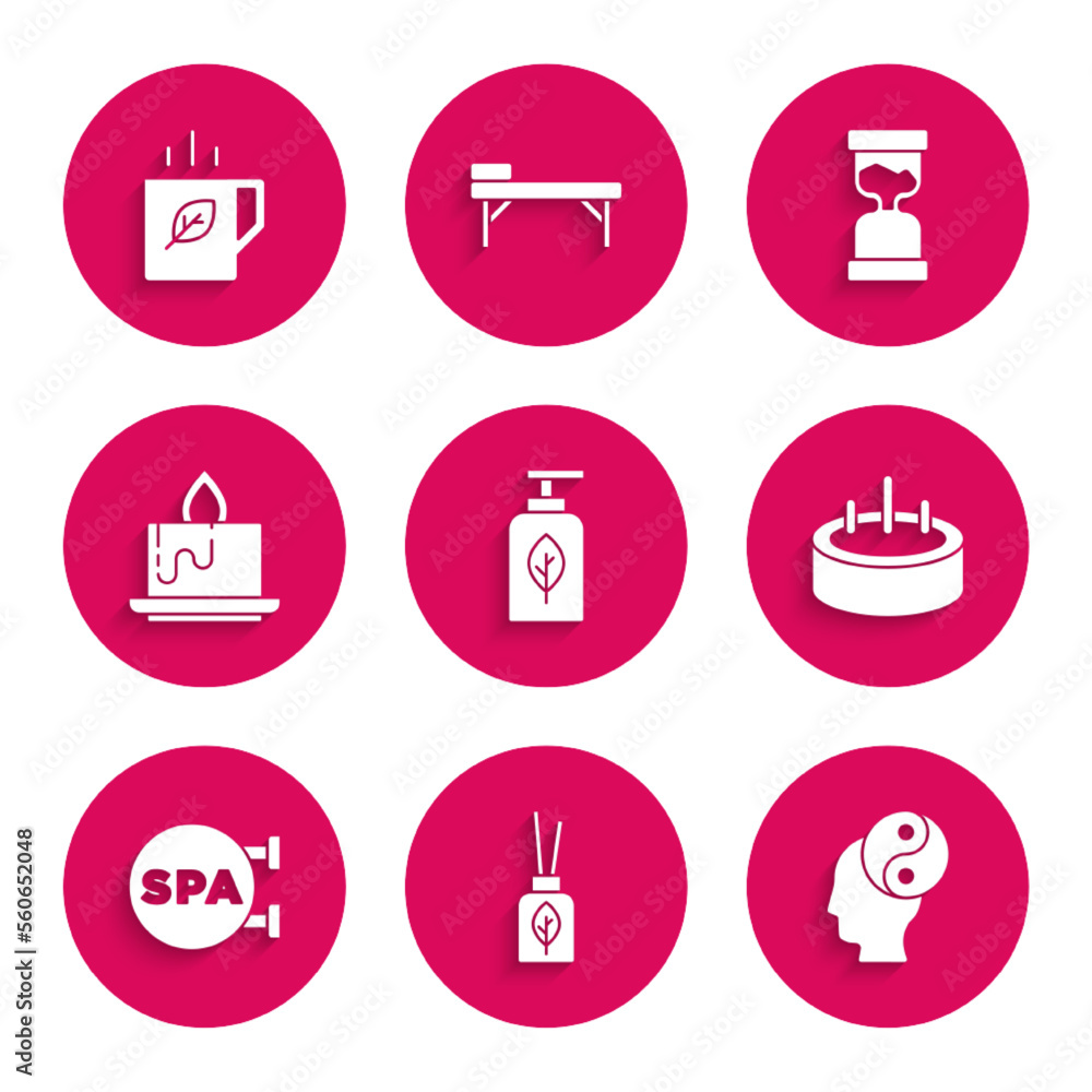 Set Essential oil bottle, Aroma diffuser, Yin Yang, Swimming pool with ladder, Spa salon, candle, Old hourglass and Cup of tea leaf icon. Vector Set Essential oil bottle, Aroma diffuser, Yin Yang, Swimming pool with ladder, Spa salon, candle, Old hourglass and Cup of tea leaf icon. Vector