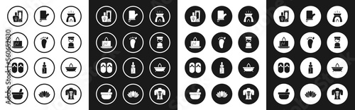Set Aroma candle, Foot massage, Ointment cream tube, Old hourglass, Sauna mittens, and Flip flops icon. Vector