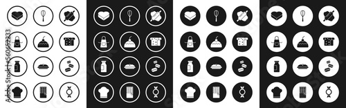 Set Rolling pin on dough, Cake, Kitchen apron, Candy heart shaped box, Bread toast, whisk, Macaron cookie and Bottle with milk icon. Vector