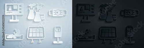 Set Solar energy panel, Medical protective mask, Wrecked oil tanker ship, Trash can, Smoke from factory and Television report icon. Vector