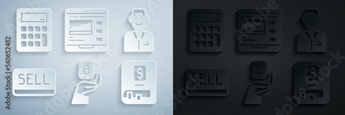 Set Hand holding Bitcoin, Trader, Sell button, Financial book, Trading courses and Calculator icon. Vector