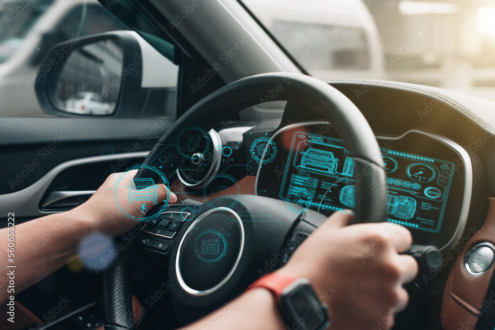 a futuristic vehicle and a graphic user interface (GUI). connected, intelligent vehicles "Internet of Things" heading-up display (HUD) - obrazy, fototapety, plakaty 