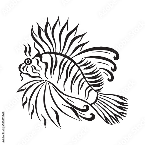 Fish lionfish stylized. Calligraphic black and white illustration isolated on white background. Linear painting. Emblem design on white background. Tattoo design.
