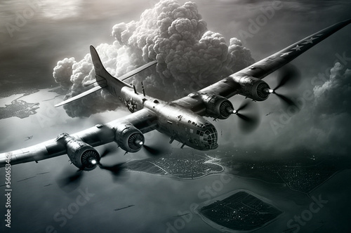 Fototapeta bomber in the sky, vintage world war II photo style