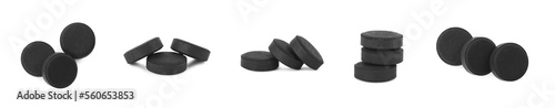 Fotografía Set with activated charcoal pills on white background, banner design