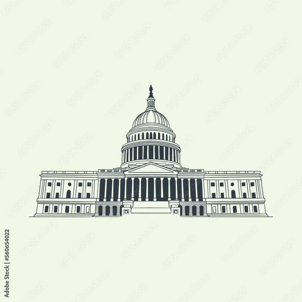 President day hand drawn vintage elements with big building isolated on white background.