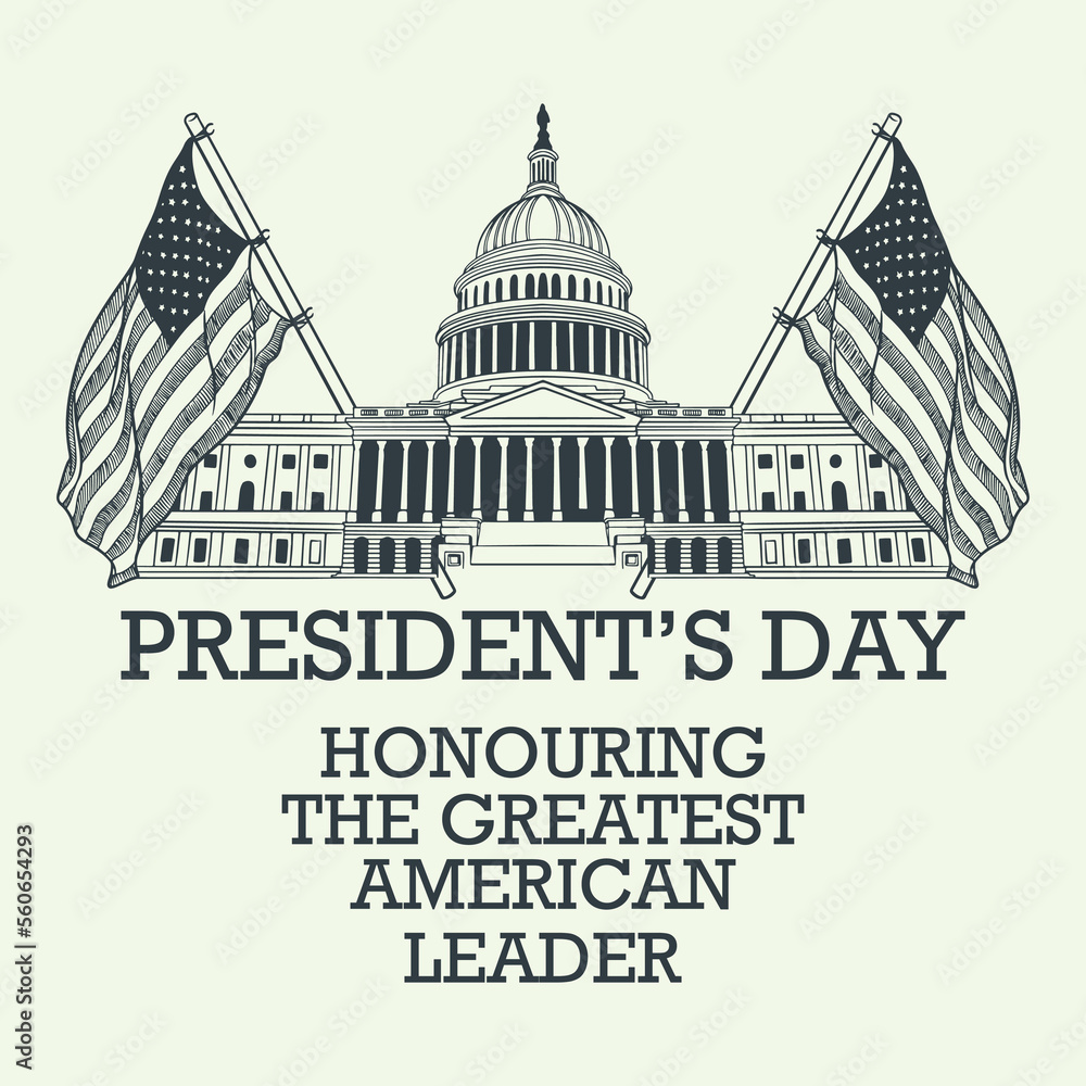 President day hand drawn vintage elements with big building and american flag isolated on white background.