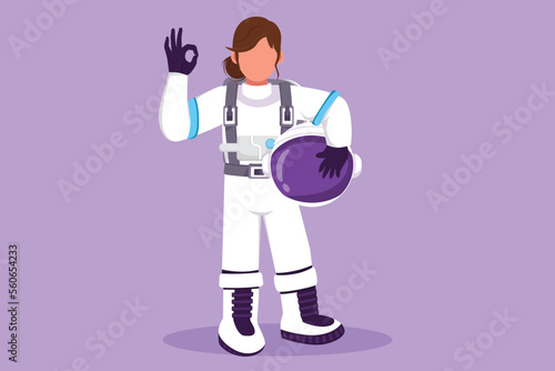 Character flat drawing beauty female astronaut stands with okay gesture wearing spacesuit exploring earth, moon, other planets in universe. Start space expedition. Cartoon design vector illustration