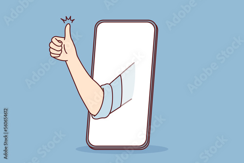Mobile phone and thumb up symbolizing approval of good app or website. Smart phone with hand in display for recommendation using cool application for chatting or sharing photos. Flat vector design 