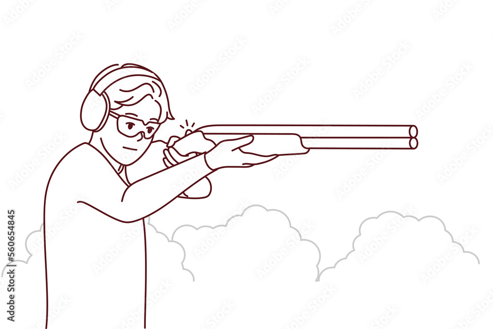 Man in headphones and glasses shoot with rifle in shooting gallery. Guy with weapon in hands hunting in park. Vector illustration. Man in headphones and glasses shoot with rifle in shooting gallery. Guy with weapon in hands hunting in park. Vector illustration.