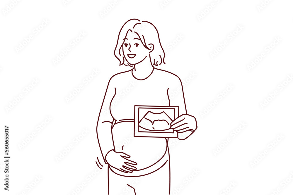 Smiling pregnant woman touch belly show scan of embryo. Happy future mom hold ultrasound picture of baby. Pregnancy and motherhood. Vector illustration. Smiling pregnant woman touch belly show scan of embryo. Happy future mom hold ultrasound picture of baby. Pregnancy and motherhood. Vector illustration.