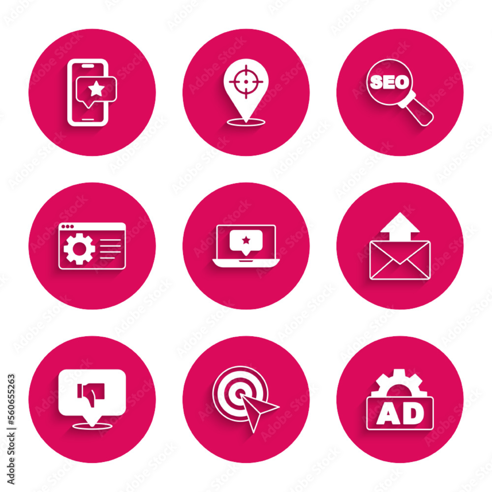 Set Laptop with star, Target, Advertising, Mail and e-mail, Dislike speech bubble, Browser setting, SEO optimization and Mobile review rating icon. Vector Set Laptop with star, Target, Advertising, Mail and e-mail, Dislike speech bubble, Browser setting, SEO optimization and Mobile review rating icon. Vector