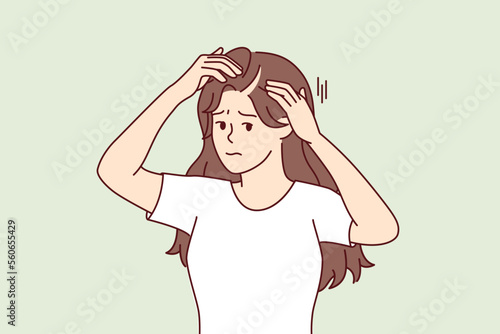 Woman suffering from hair loss touching head looking at scar through mirror. Girl with sad face looks at camera demonstrating problem area in hair needs help of beautician. Flat vector image
