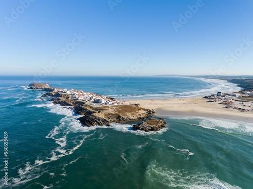 Aerial photography of the cliff coastline of Atlantic Ocean. Baleal, Peniche, Portugal