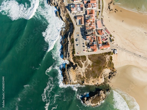 Aerial photography of the cliff coastline of Atlantic Ocean. Baleal, Peniche, Portugal photo