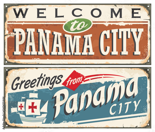 Panama city retro travel souvenir sign with old sailing ship and typography inscription. Welcome to Panama vector illustration.