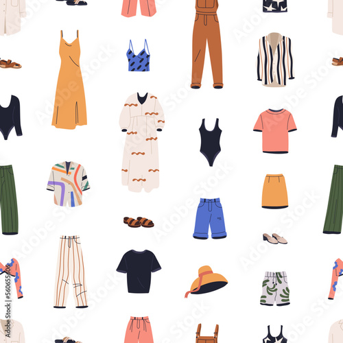 Summer clothes pattern. Seamless background, casual women garments. Modern apparels, dress, pants, hat, shoes, swimsuit repeating print. Texture design with female wardrobe. Flat vector illustration