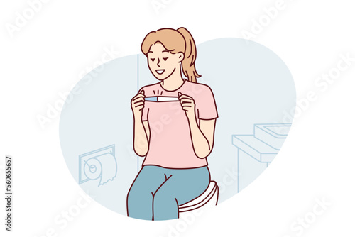 Positive woman happily looking at pregnancy test result. Casual girl sitting in toilet is relieved to learn about imminent birth of child or absence of signs of pregnancy. Flat vector illustration