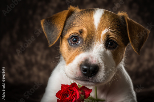 Portrait of a puppy with a flower or a heart, Women's Day. March 8, February 14, valentine's day greeting card with cute dog