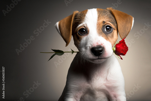 Fotografiet Portrait of a puppy with a flower or a heart, Women's Day