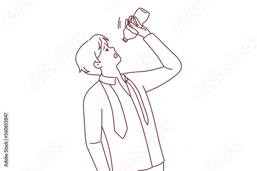 Thirsty man suffer from hot weather drinking last drops of water. Unwell male struggle with heatstroke outdoors. Vector illustration. 