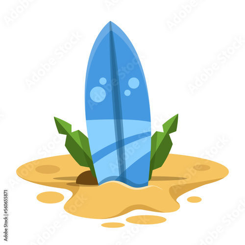 Summer beach vector concept design. Summer beach party text in surfboard element with floaters, leaves and miniature island for tropical holiday decoration. Vector illustration.
