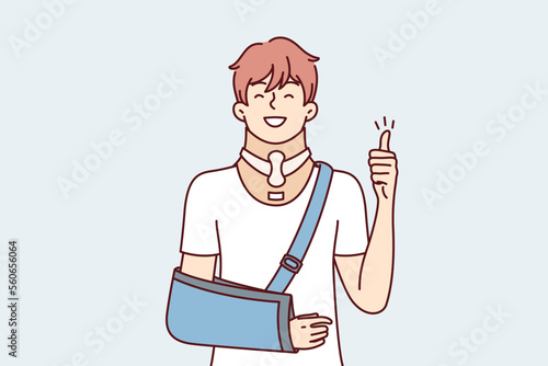 Positive young guy with broken arm shows thumb up as sign of gratitude to doctors. Optimistic man with orthopedic collar to support head necessary for rehabilitation after injury. Flat vector design 