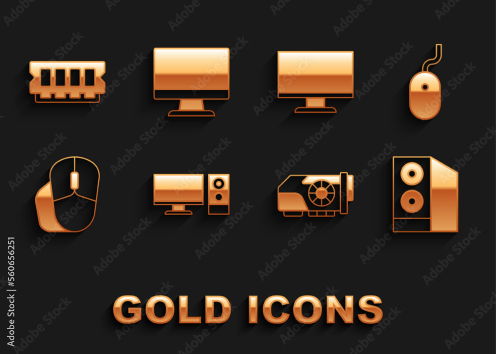 Set Computer monitor, mouse, Case of computer, Video graphic card, screen, RAM, random access memory and icon. Vector Set Computer monitor, mouse, Case of computer, Video graphic card, screen, RAM, random access memory and icon. Vector
