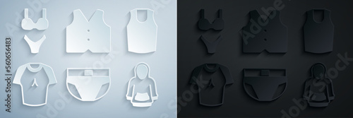 Set Men underpants, Undershirt, T-shirt, Hoodie, Waistcoat and Swimsuit icon. Vector