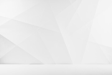 White abstract geometric background as stage with crossed lines, corners and polygon shapes as wall, wood table in soft light gradient white color in calm contemporary minimalist urban style.