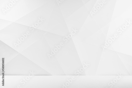 White abstract geometric background as stage with crossed lines, corners and polygon shapes as wall, wood table in soft light gradient white color in calm contemporary minimalist urban style.