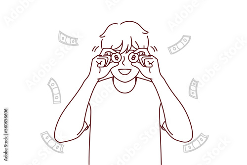 Smiling young man with bitcoins excited with revenue or income. Happy male investor or financier overjoyed with successful rate or investment. Vector illustration. 