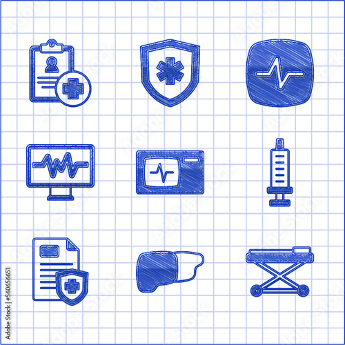 Set Monitor with cardiogram, Human organ liver, Stretcher, Syringe, Patient record, Heart rate and icon. Vector