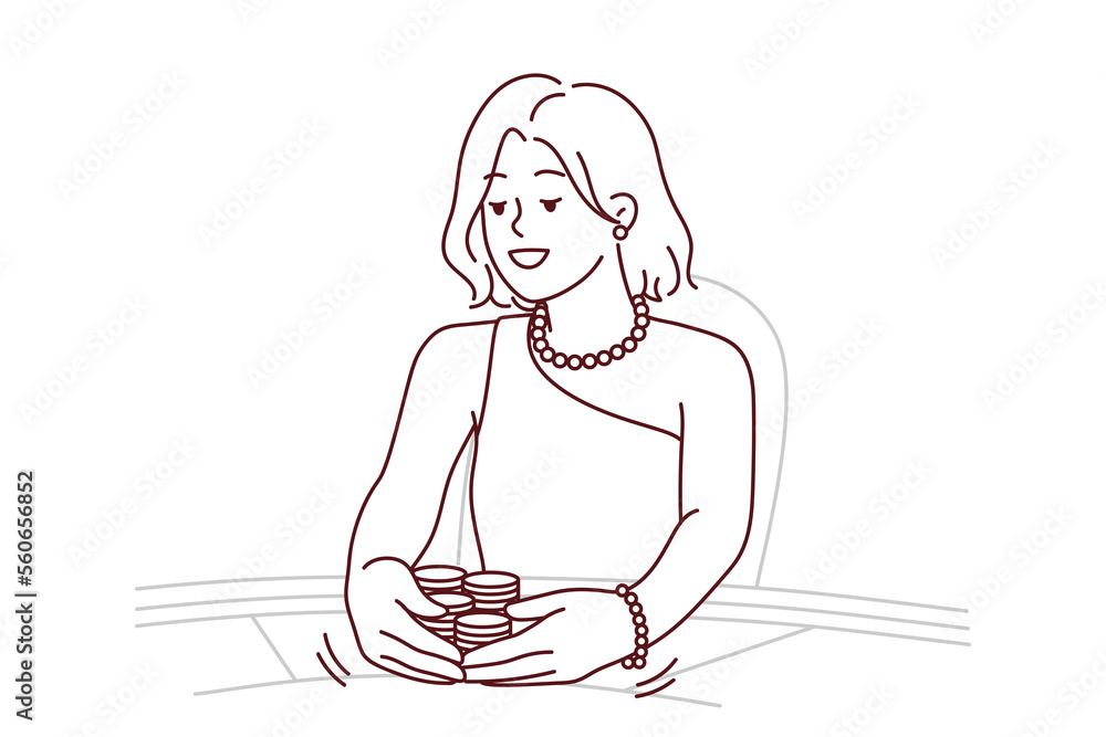 Woman sit on table in casino playing game for money. Smiling female in dress gambling in gaming house. Addiction and entertainment. Vector illustration. 