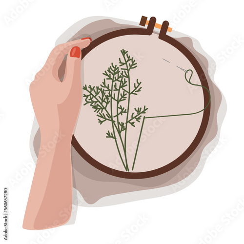Illustration of fabric with embroidery frame, embroidery and by hand. Embroidery in the hands on a white background. Embroidery frame in hand. For printing on postcards and tags for craftsmen