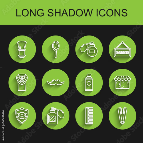 Set line Mustache and beard on shield, Aftershave, Shaving brush, Hairbrush, Curling iron for hair, Barbershop building and gel foam icon. Vector