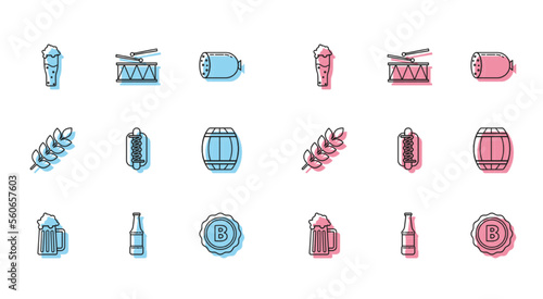 Set line Wooden beer mug, Glass of, Bottle cap with inscription, Hotdog sandwich mustard, barrel, Cereals set rice, wheat, corn, oats, rye, barley and Musical instrument drum drum sticks icon. Vector