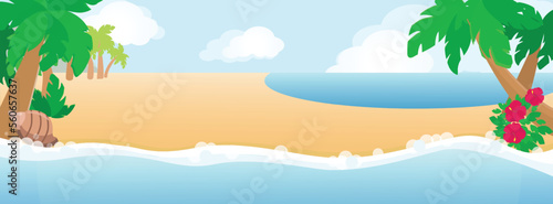Horizontal banner tropical seashore and palm trees  hibiscus  sand and shell in cartoon style.