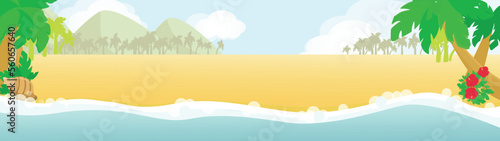 Tropical deserted seashore with growing palm trees, hibiscus, sand and shell in cartoon style. Long banner for summer holiday and tourism design.