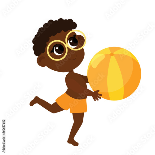 Boy African or African American in summer beach shorts and glasses take the ball in his hands. Cartoon illustration of a child isolated on a white background.