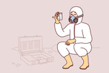Specialist in chemical protection suit takes sample of earth for further study on analytical harmful substances. Man in respirator examines biohazard samples found on street. Flat vector illustration 