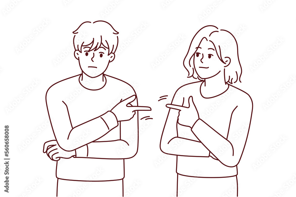 Couple point fingers at each other avoid responsibility in fight or argument. Stubborn man and woman put guilt on one another. Relationship problem. Vector illustration. Couple point fingers at each other avoid responsibility in fight or argument. Stubborn man and woman put guilt on one another. Relationship problem. Vector illustration.