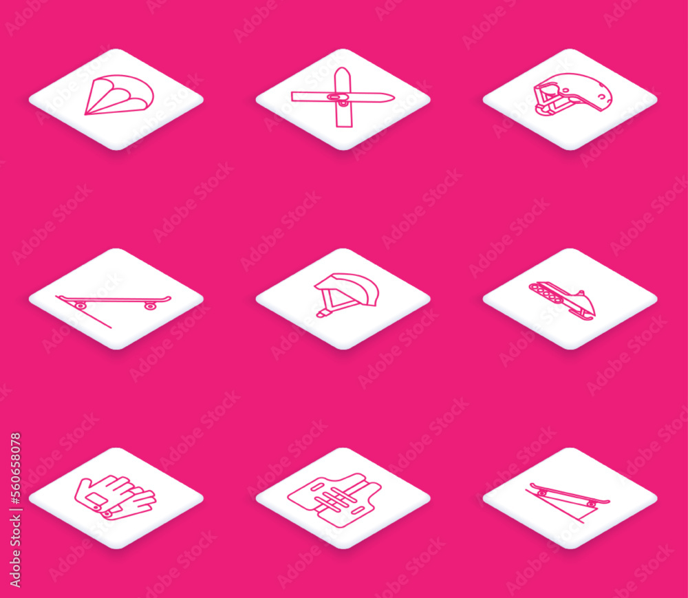 Set line Parachute, Ski and sticks, Helmet, Skateboard, Bicycle helmet, Snowmobile, Gloves and Life jacket icon. Vector Set line Parachute, Ski and sticks, Helmet, Skateboard, Bicycle helmet, Snowmobile, Gloves and Life jacket icon. Vector