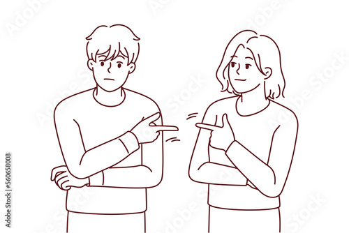 Couple point fingers at each other avoid responsibility in fight or argument. Stubborn man and woman put guilt on one another. Relationship problem. Vector illustration. 