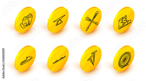 Set line Bicycle wheel, Pegs for tents, Snowboard, Jet ski, Boots, Crossed paddle, Hang glider and Gloves icon. Vector