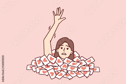 Woman with frightened face raises hand asking for help when drowning in large number of likes. Icons with hearts symbolize addiction to social networks and dating apps on Internet. Flat vector image 