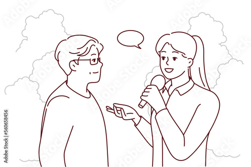 Female journalist with microphone interview elderly man in park. Woman with mic talk with old male on street. Vector illustration. 