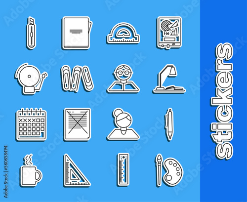 Set line Paint brush with palette, Pen, Workplace table lamp and open book, Protractor grid for measuring degrees, Paper clip, Ringing alarm bell, Stationery knife and Student icon. Vector