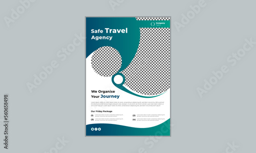 Travel a4 social media post template or flyer brochure layout space for photo background with contact and venue details. Agency holiday and tour advertisement banner creative marketing vector design.