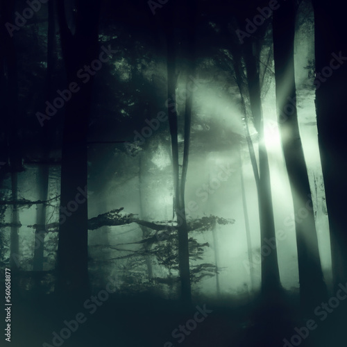 Sun rays through tree branches in dark  misty forest landscape. Generative AI.